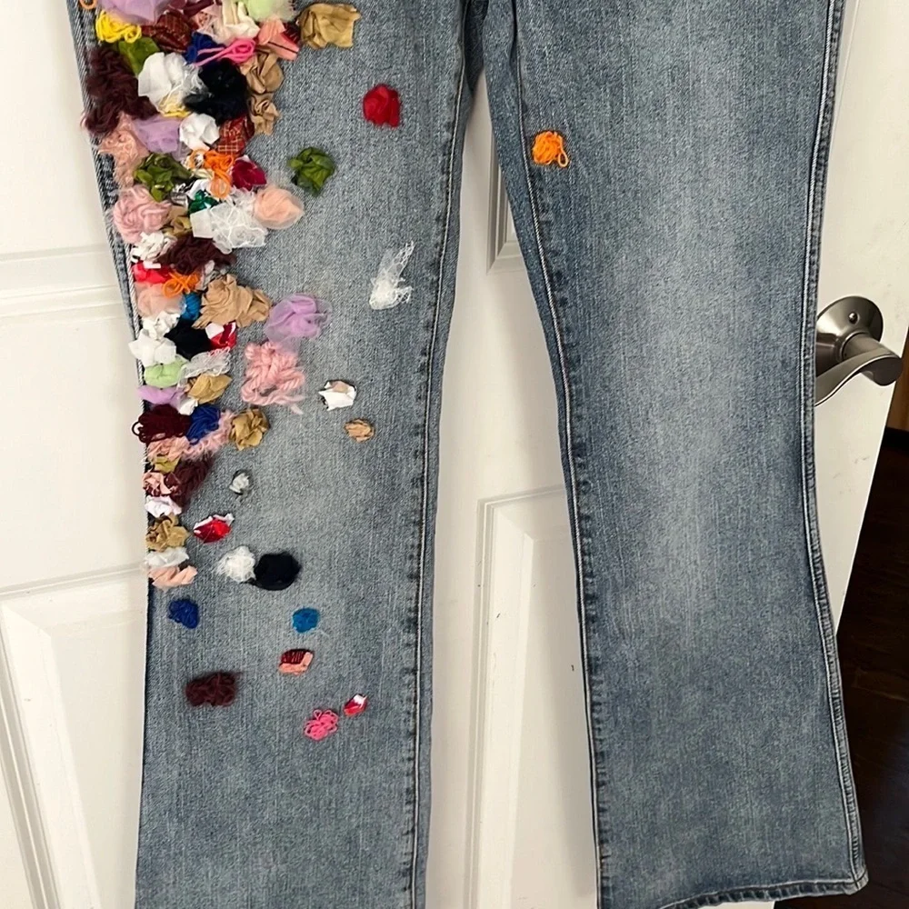 Custom Floral Embellished wide leg flare low rise J. Galt Shanghai Jeans small - Picture 3 of 11
